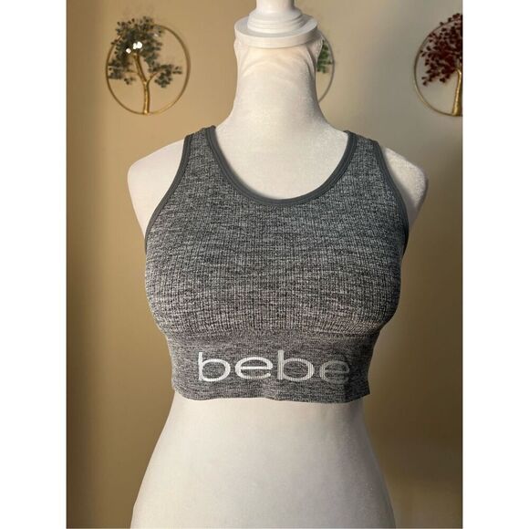 Bebe Heathered Gray Ribbed Knit Athletic Sports Bra w Cut Outs Large - Picture 1 of 6